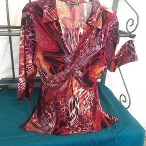 3/4 sleeve stretch V-neck multicolored blouse